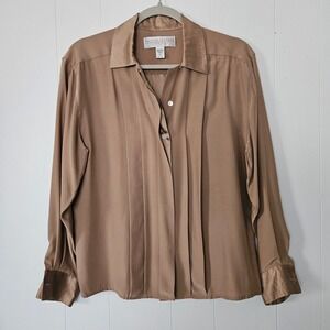 Vintage Silk Blouse Womens 8 Brown Button up Long Sleeve Classic Dressy